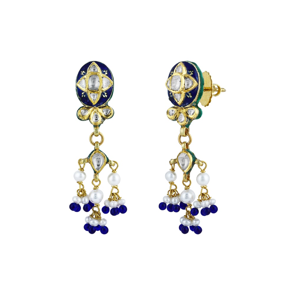 Polki Earrings with Blue Enamel, Pearl, and Blue Bead Drops